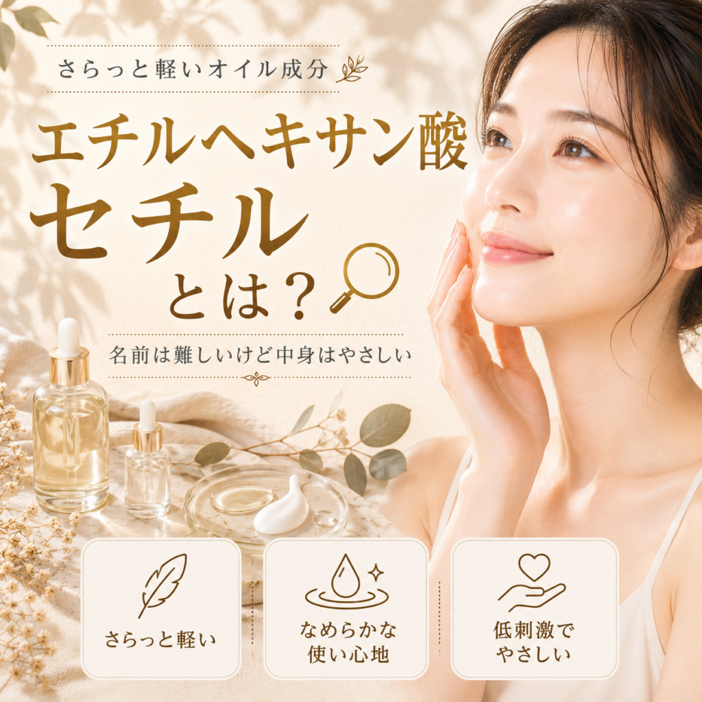 エチルヘキサン酸セチルとは何か、軽い使用感の油性成分としての役割や安全性を解説する記事のアイキャッチ画像