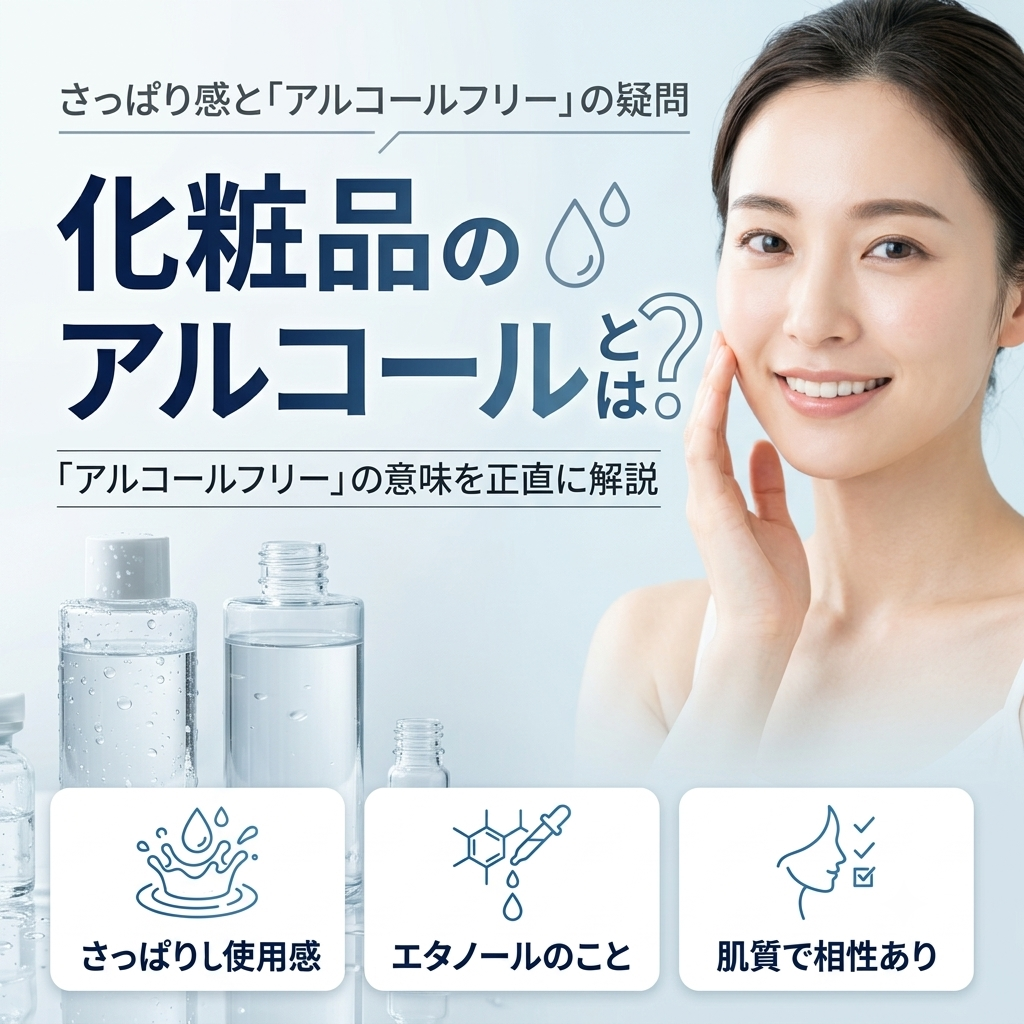 化粧品のアルコール（エタノール）とは？「アルコールフリー」の意味を正直に解説する記事のアイキャッチ