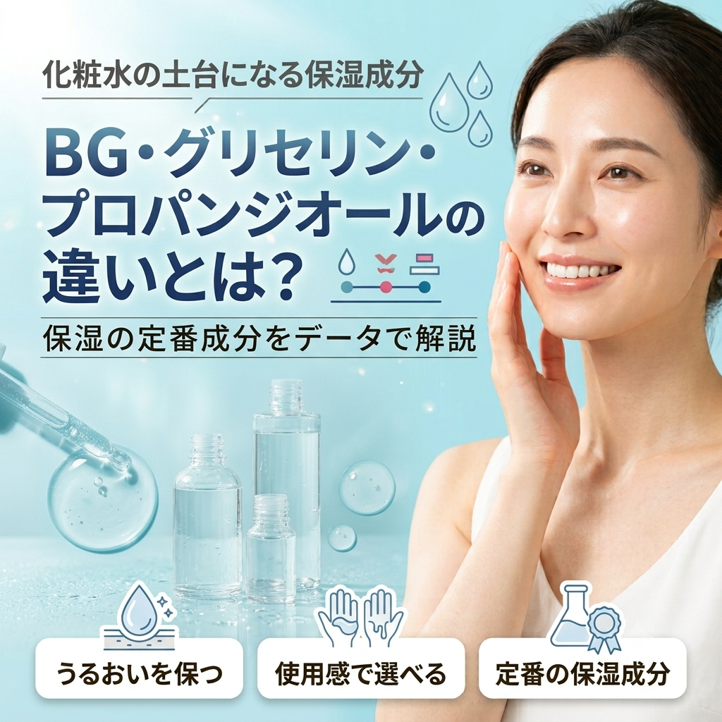 BG・グリセリン・プロパンジオールの違いとは？保湿の定番成分をデータで解説する記事のアイキャッチ