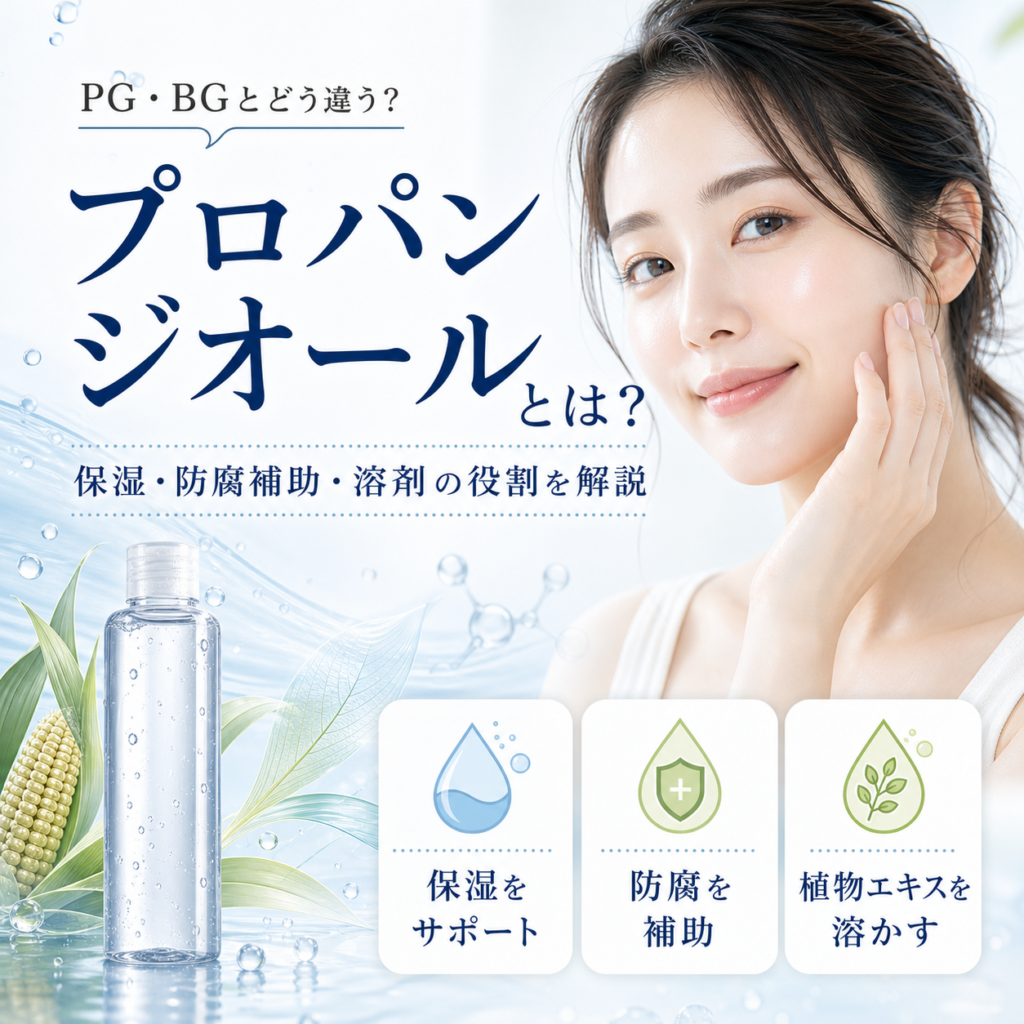 プロパンジオールの保湿・防腐補助・溶剤としての役割を表したアイキャッチ画像