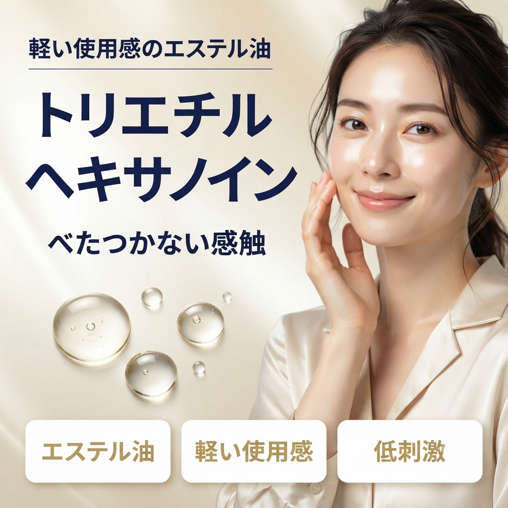 トリエチルヘキサノインとは？軽いエステル油の使用感を解説する記事のアイキャッチ