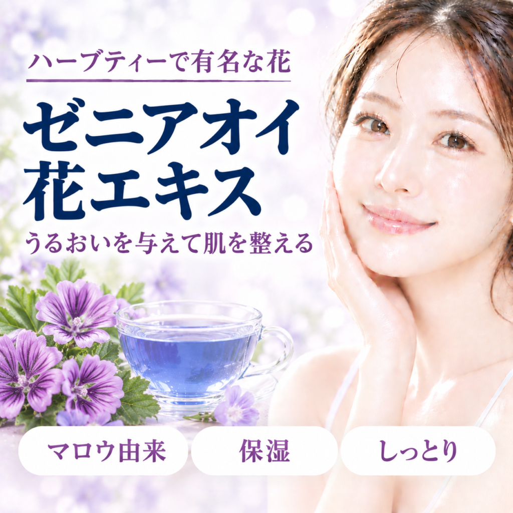 ゼニアオイ花エキスとは？ハーブティーのマロウとの関係と化粧品での役割を解説する記事のアイキャッチ
