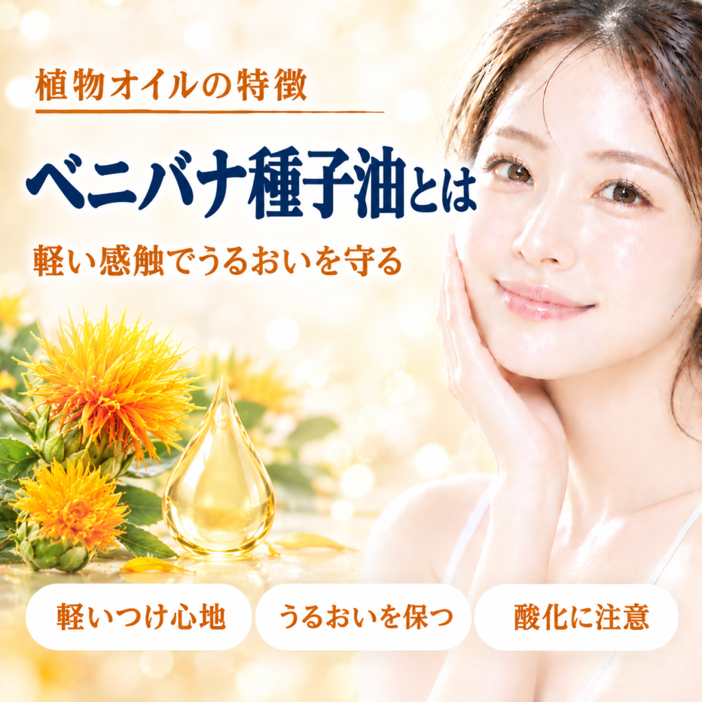 ベニバナ種子油とは？サフラワー油との違いと化粧品での役割を解説する記事のアイキャッチ