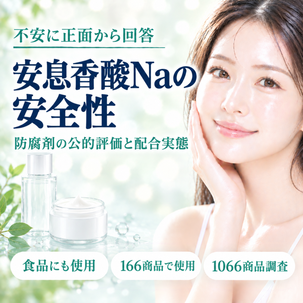 安息香酸Naは本当に危険？防腐剤の公的評価と配合実態を解説する記事のアイキャッチ